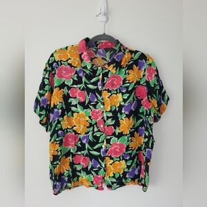 Floral Button-Up Top in Black with Pink & Yellow Flowers